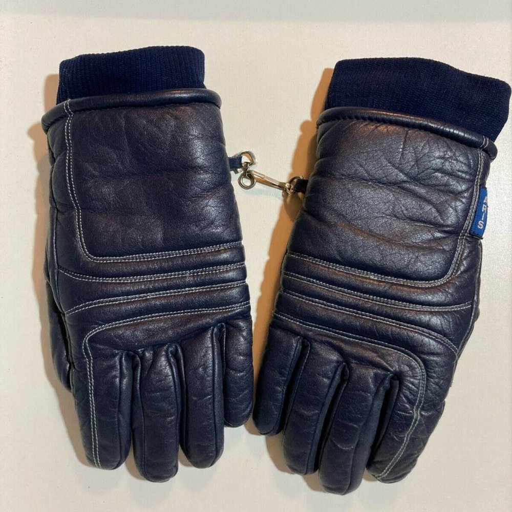 Vintage Aris Softan Leather Men’s Dark Blue Ski Gloves winter Small Fleece lined